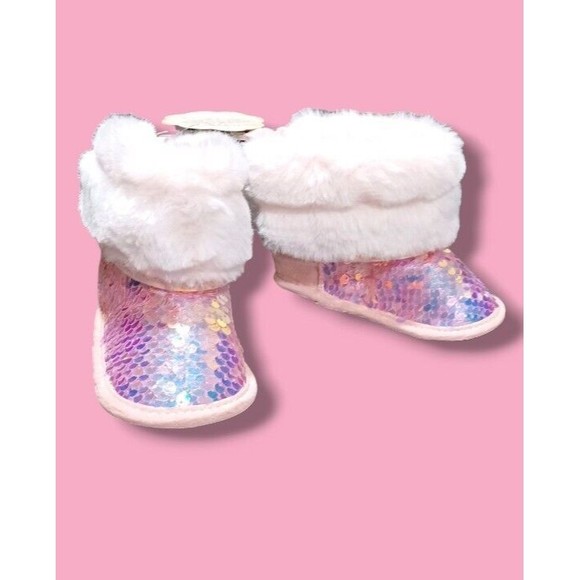 First Steps Sequin Toddler Size 4 Baby Girl Fluffy Faux Fur Shiny Slipper Boots - Picture 6 of 16